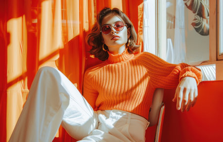 A woman sitting on a chair in an orange sweater and white pants.の素材