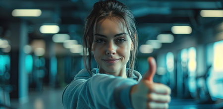 a woman showing thumb up in gym.の素材
