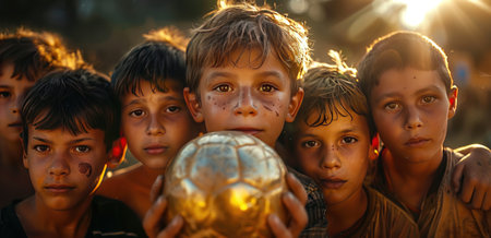 a young group of boys holding a gold ball.の素材