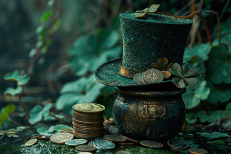 an old shamrock hat, a pot with coins, and a stack of pennies.の素材