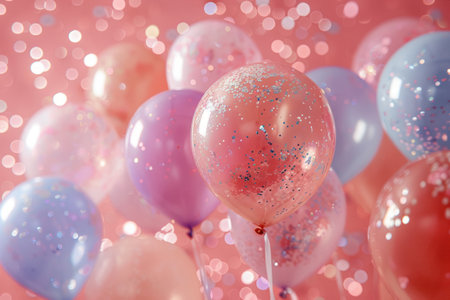 balloons and masks were confetti on a pink background.の素材