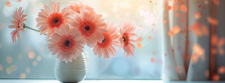 bright pink flowers in a vase against a white background.の素材