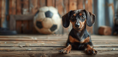 dachshund and a soccer ball in the background.の素材