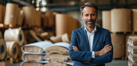 company owner stands in front of rolls of paper in a warehouse.の素材
