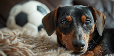 dachshund and a soccer ball in the background.の素材