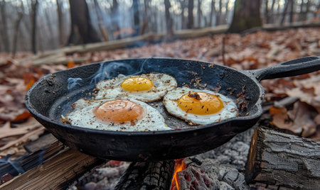 eggs fried in a cast iron skillet over a campfire.の素材