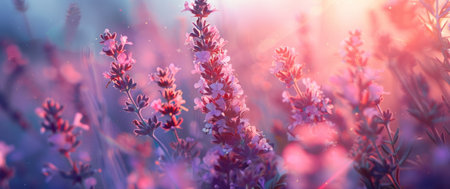 colorful grass in the lawn in the rays of the sunset.の素材