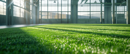 green artificial grass field indoors.の素材