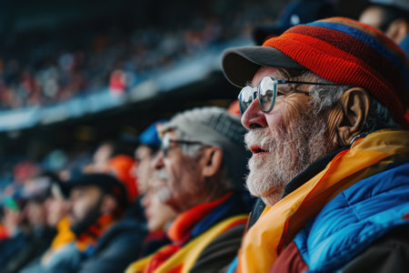 footballers sitting at stands, cheering on a soccer match.の素材