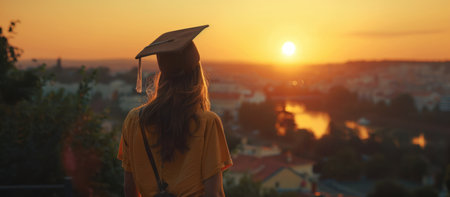 girl with graduation cap looking back at sunset.の素材