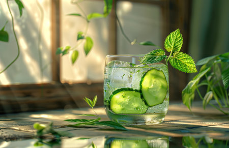 fresh cucumber water and an ice cube with mint leaves.の素材
