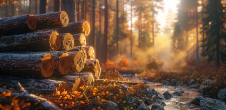 logs stacked with the sun shining behind them in the forest.の素材