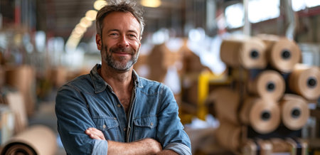 man at papermill lean of one plastic roll.の素材