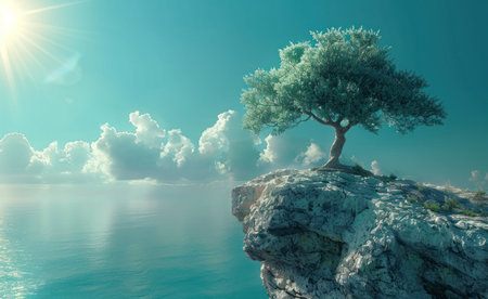 tree isolated on the cliff by light.の素材