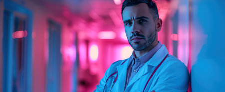 male doctor feisty in his white coat posing against a blurred background.の素材