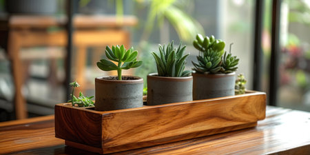 plant pots holder in the wooden box on a wooden table.の素材