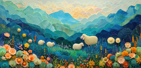 sheep in flower field painting.の素材
