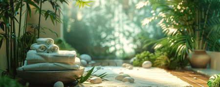 spa bathroom with towels and stones.の素材