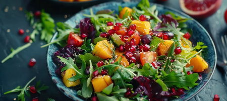 salads and fruits for lunch or dinner on a black background with a blue table.の素材