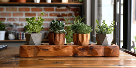 plant pots holder in the wooden box on a wooden table.の素材