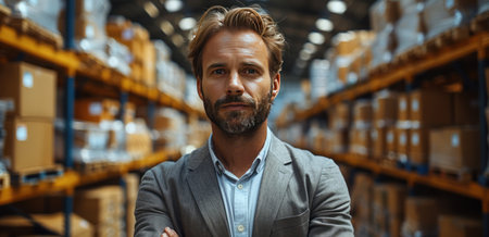 portrait of business man standing in warehouse at the end.の素材