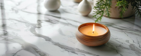 wax spa and candle on white marble background.の素材