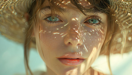 woman is wearing a straw hat and face moisturizer.の素材