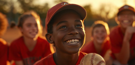 young boy holding a baseball and his friends around him.の素材