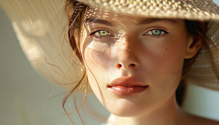 woman is wearing a straw hat and face moisturizer.の素材