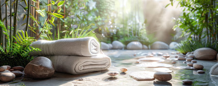 spa bathroom with towels and stones.の素材