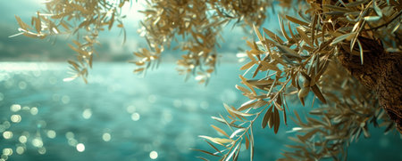 olive branch hangs between a tree and the ocean.の素材