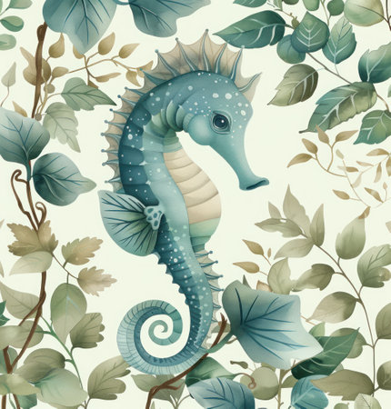 seahorse in blue with green leaves.の素材