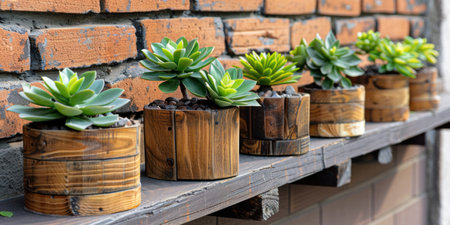 wooden pots with small green plants, near a brick wall.の素材