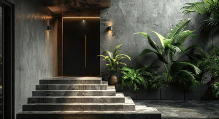 black front door with a plant on stairs and steps.の素材