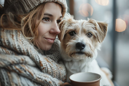 a woman holding a cup of coffee and dog.の素材