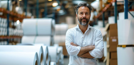 company owner stands in front of rolls of paper in a warehouse.の素材