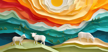 abstract painting of sheep on a hillside.の素材
