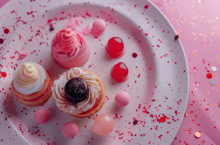 a plate with pastries on a pink background.の素材