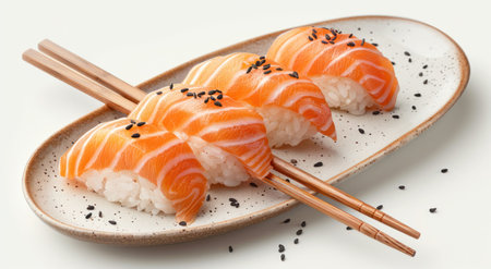 a sushi dish with salmon and chopsticks on top.の素材