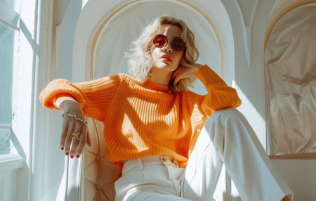 A woman sitting on a chair in an orange sweater and white pants.の素材