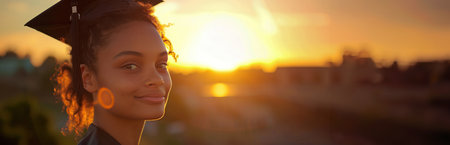 an image of a female advancing student at sunset.の素材