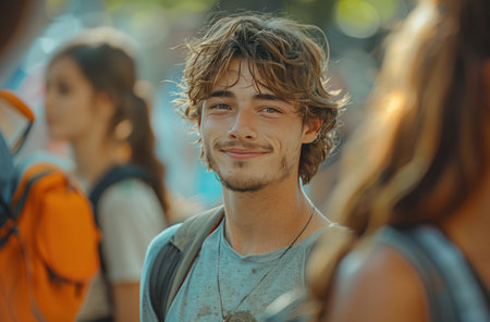 a man wearing a shirt standing with someone outdoors.の素材