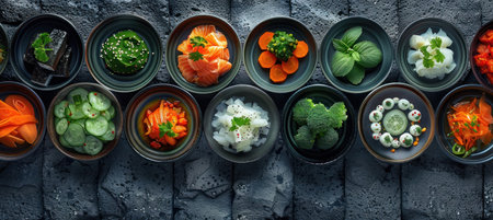 a bunch of different plates have food on them.の素材