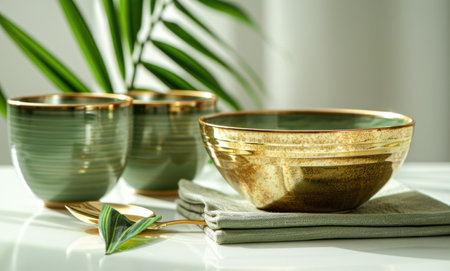 table with gold tableware and green napkin with leaf isolated on white.の素材