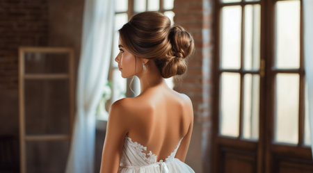 A serene bride showcases a sophisticated updo with delicate hair accessory, complemented by an elegant lace bridal gown.の素材
