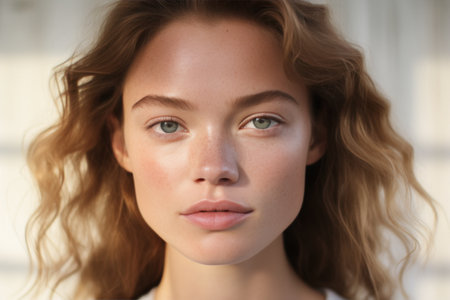 A minimalist beauty shot focusing on natural features, with soft lighting and minimal makeup, showing the model's natural beauty.の素材
