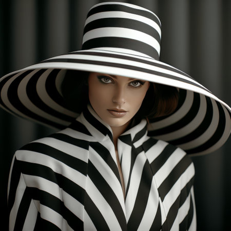 Artistic black and white portrait of a model in a striped suit with a stylish wide-brimmed hat, exudingの素材