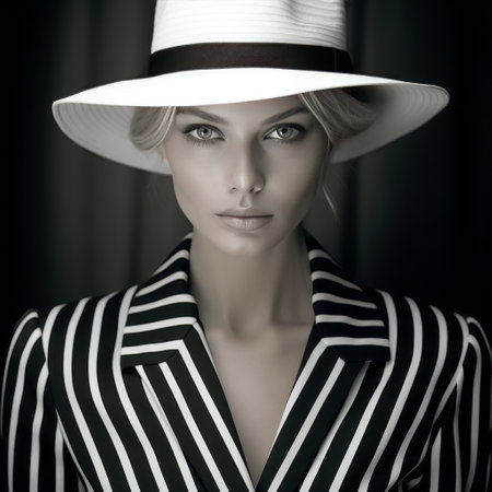 Artistic black and white portrait of a model in a striped suit with a stylish wide-brimmed hat, exudingの素材