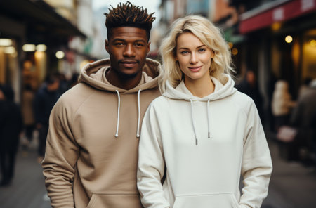 one man and one woman wearing hoodies on a city street.の素材