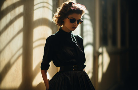 a woman wearing black knee length black skirt.の素材